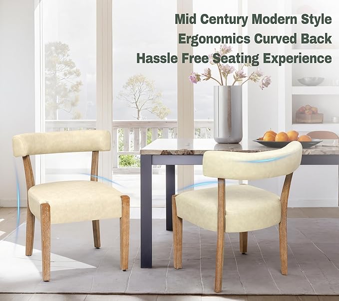 Modern Dining Chairs Set of 8, Faux Leather Upholstered Kitchen & Dining Room Chairs, Mid Century Modern Wooden Dining Chairs Oversized Sturdy Rounded Chairs Curved Back, Beige