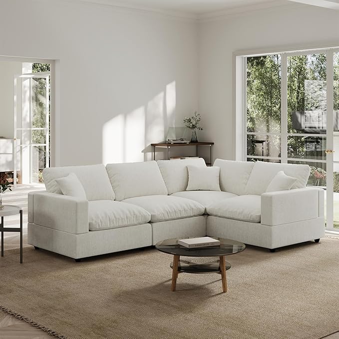 Modern Sectional Linen Couch for Living Room V-Shape Sofas,4 Seat Modular Cloud Sofas,Couches Cushion Covers Removable,Cozy Feather Down Sofa for Apartment Cream White