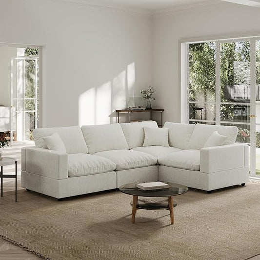 Modern Sectional Linen Couch for Living Room V-Shape Sofas,4 Seat Modular Cloud Sofas,Couches Cushion Covers Removable,Cozy Feather Down Sofa for Apartment Cream White