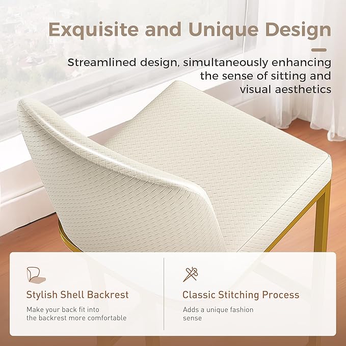 MAISON ARTS Off White & Gold Counter Height Bar Stools with Back Set of 3 for Kitchen Counter 24 Inch Modern Upholstered Faux Leather Barstools Farmhouse Bar Chairs Luxury Island Stools Support 330LBS