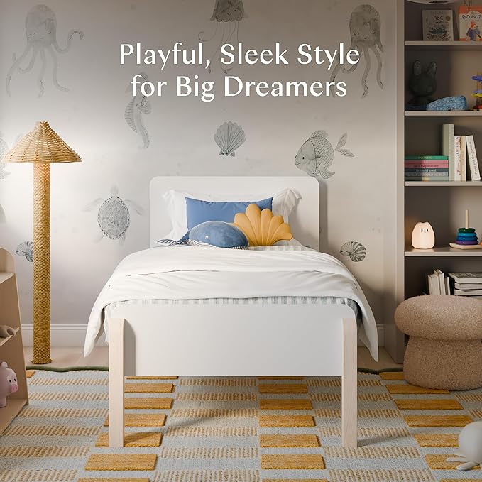 Babyletto Tiptoe Twin Bed for Kids - Sturdy Wood Twin Bed Frames with Headboard - Playful Modern Design - Perfect for Kids Bedrooms, Guest Rooms & Growing Families - White