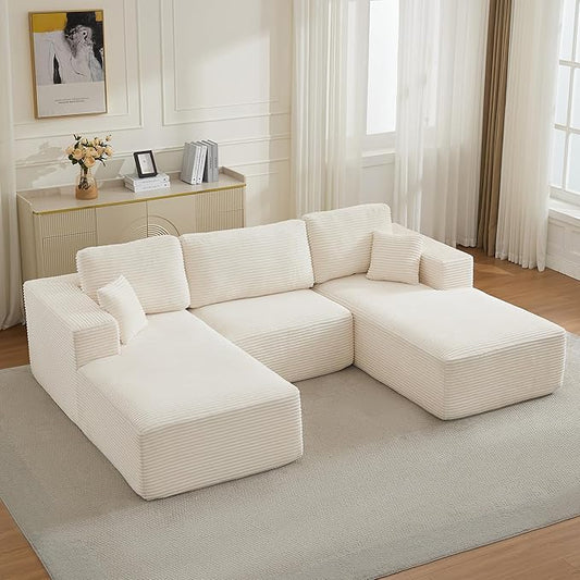 Modular Sectional Cloud Couch for Living Room,Modern Boneless Couche Set with Plush Corduroy,Comfy Floor Sofa with Memory Foam,Stupendous U Shaped Sofa,No Assembly Required,Beige