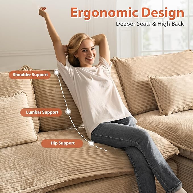 113 in Oversized Cloud Sofa with L Shape Chaise, Sectional Couches for Living Room, Assembly Free Modular Comfy Corduroy Sofa with Right Facing Chaise Longue for Home Apartment (Right Chaise, Beige)