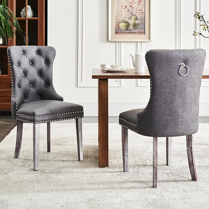 Leather Dining Chair Set of 6, Dining Room Chairs with Nailhead Ring Pull Trim, Upholstered Dining Chairs with Solid Wood Legs for Kitchen Dining Room (Grey)