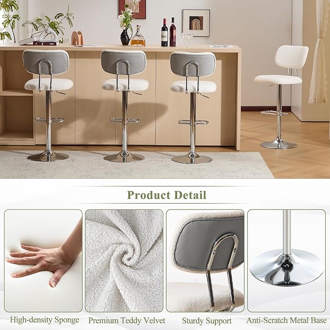 Furniliving Adjustable Bar Stools Set of 2, Modern Teddy Velvet Swivel Barstools with Curved Back, Stylish Armless Counter Height Bar Stools Bar Chairs for Kitchen Island, Bar, Grey