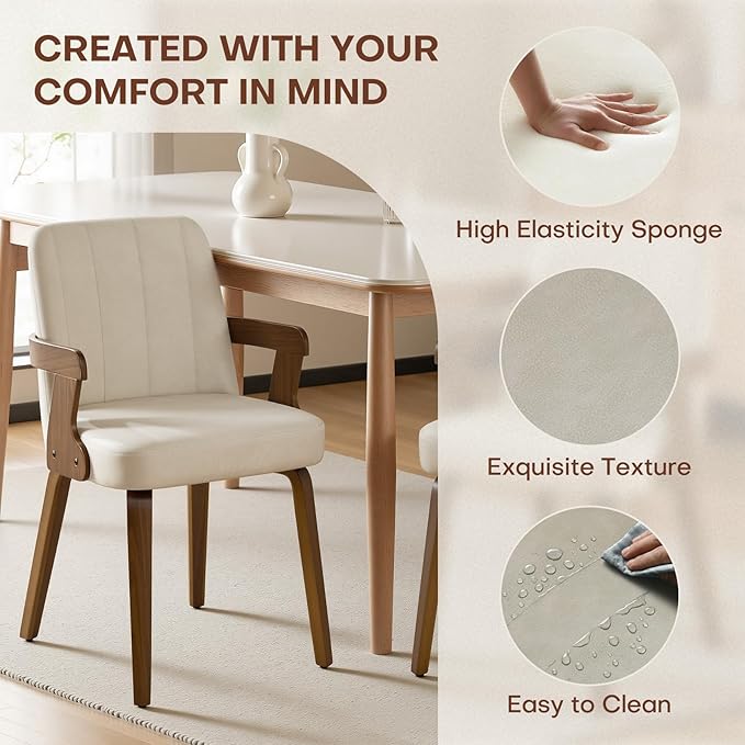 Kitchen Dining Chairs Set of 4, Faux Leather Upholstered Dining Room Chairs with Wood Arms and Legs, Mid Century Modern Kitchen Side Chair for Living, Bedroom, Restaurant, Walnut/Beige
