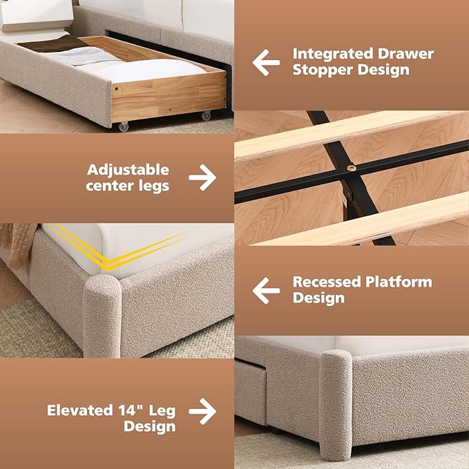 VELOCAVA King Size Upholstered Bed Frame with 51.77" Tall Headboard and Soft Rounded Corners, 2 Storage Drawers, 12-Slat Support, No Box Spring Needed, Linen-Blend Fabric, Beige