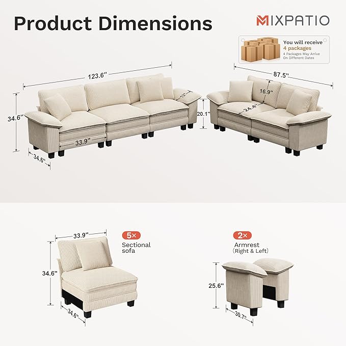 L-Shaped Cloud Modular Sofa Set with Chaise Lounge, 5-Piece Sectional & Deep Seat, Plush Corduroy w/Removable Arms for Living Room - Beige
