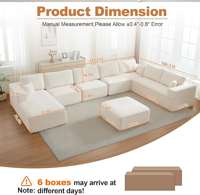 Modular Sectional Cloud Couch for Living Room,Modern Boneless Couche Set with Plush Corduroy,Comfy Floor Sofa with Memory Foam,Stupendous U Shaped Sofa with Ottoman,No Assembly Required,Beige