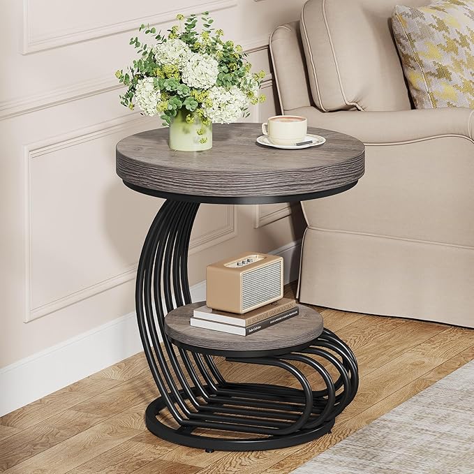 Tribesigns Round End Table Set of 2, 2-Tier Farmhose Wood Side Table with Shelf Storage, Small Sofa Side Bedside Nightstand, Accent Furniture for Living Room, Grey