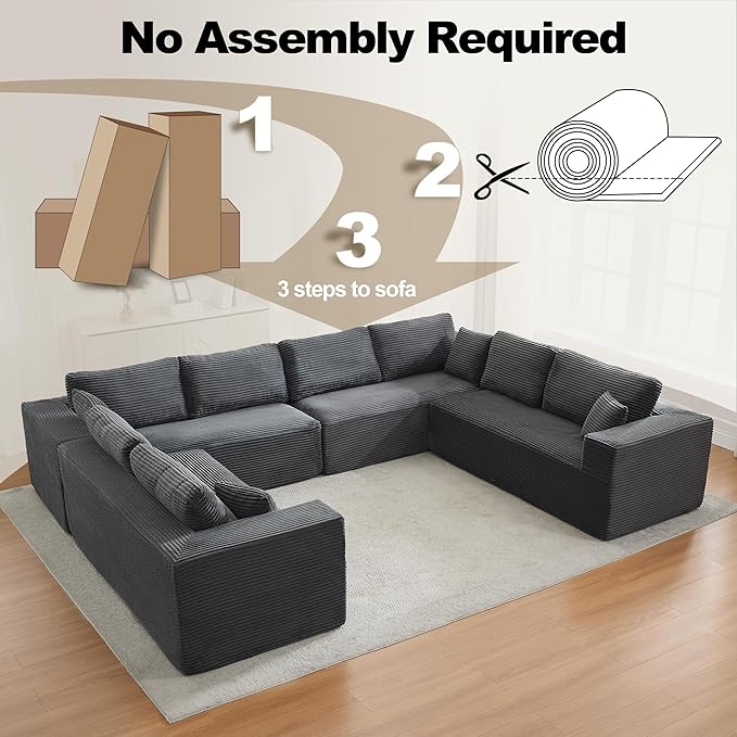 Modular Sectional Cloud Couch for Living Room,Modern Boneless Couche Set with Plush Corduroy,Comfy Floor Sofa with Memory Foam,Stupendous U Shaped Sofa,No Assembly Required,Grey