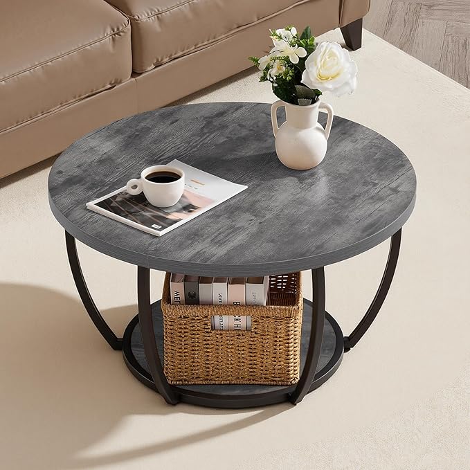 VEVOR Coffee Table, Modern Round Coffee Table, 2 Tiers Wooden Circle Center Desk with Open Storage, Minimalist Sturdy Metal Frame Accent End Desk for Living Room, Office, Easy Assembly, Grey