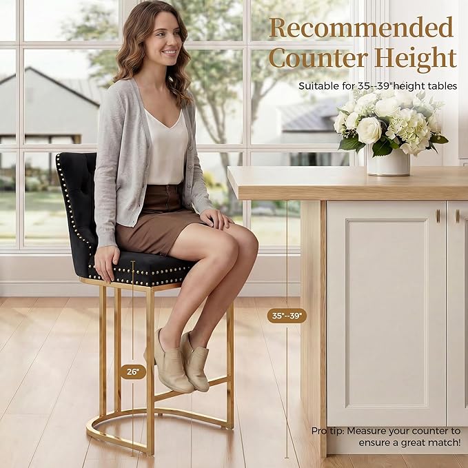 Counter Height Bar Stools Set of 2 for Kitchen Island, Modern Bar Stools with Backs, 26 Inch Barstools with Upholstered Velvet Seat and Metal Frame, Black