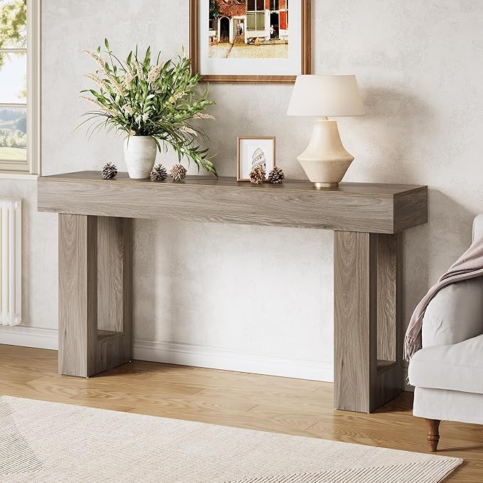 LITTLE TREE 63-Inch Long Console Tables for Entryway, Large Sofa Table Behind Couch, Grey Wooden Entry Foyer Hallway Table, Industrial Console Sofa Tables for Living Room