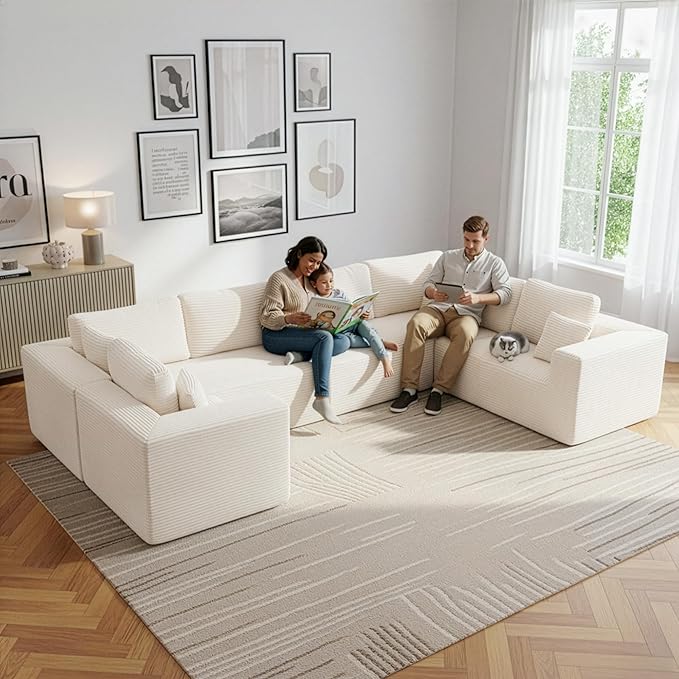 Modular Sectional Cloud Couch for Living Room,Modern Boneless Couche Set with Plush Corduroy,Comfy Floor Sofa with Memory Foam,Stupendous U Shaped Sofa,No Assembly Required,Beige