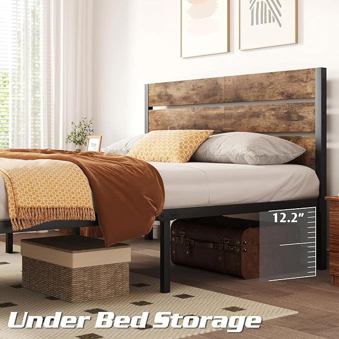 Queen Bed with Headboard and Footboard, with Under Bed Storage, All-Metal Support System, No Box Spring Needed, Easy Assembly, Vintage Brown