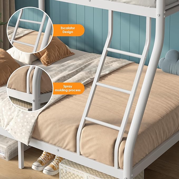 soges Twin Over Full Bunk Bed, Heavy Duty Sturdy Bunk Beds with Ladder & Guardrail, Space-Saving Metal Bed Frame for Teens Adults, White