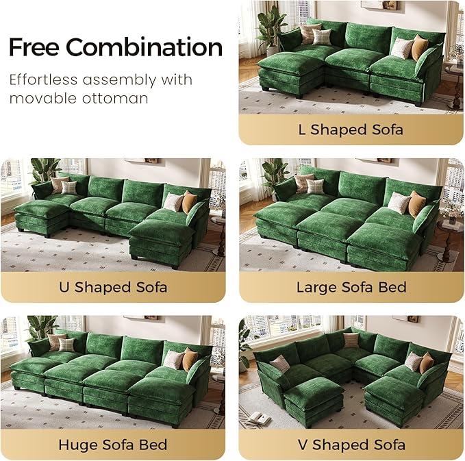 KKL 120" Huge Modular Sectional Sofa Bed, 8 Seater Convertible J/L/U-Shaped Sleeper Cloud Couch with Ottoman, Chenille Sectional Couches for Living Room, Apartment, Green