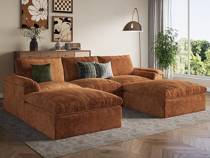 EASE MOOSE Oversized Cloud Couch Sectional Sofa, U-Shaped Modular Couch for Living Room, Minimalist Boneless Convertible Couches with Ottoman, 5-Seat Deep Sofas for Bedroom, Chenille (Brown)