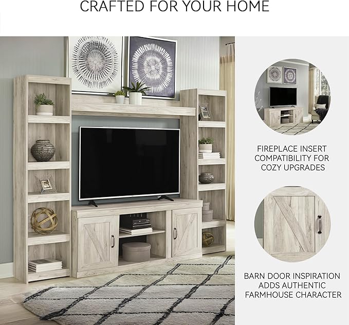 Signature Design by Ashley Bellaby Farmhouse 4-Piece Entertainment Center for TVs up to 69" with Adjustable Shelves, Whitewash
