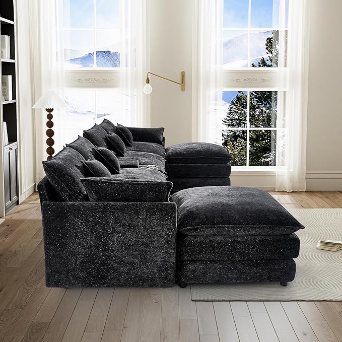 HYJT-H&K 145" U Shaped Cloud Couch Modular Black Fluffy Sectional Couches for Living Room, Comfy Chenille Oversized Cloud Couch Sectional, 6 Seat Large Sectionals Sofa Set Central Console USB