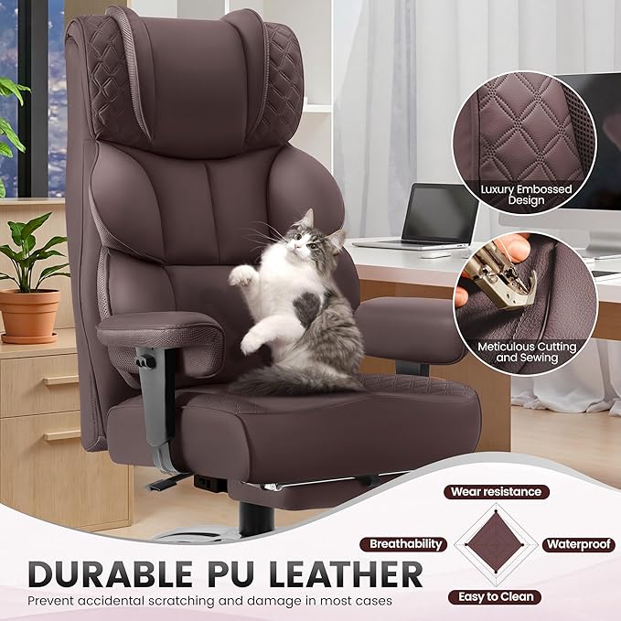 Office Desk Chair, Big and Tall Leather Gaming Chair with Footrest, Wide Ergonomic Comfy Executive High-Back Reclining Computer Chairs, Swivel Rolling Wheels and Padded Lumbar Support,Coffee