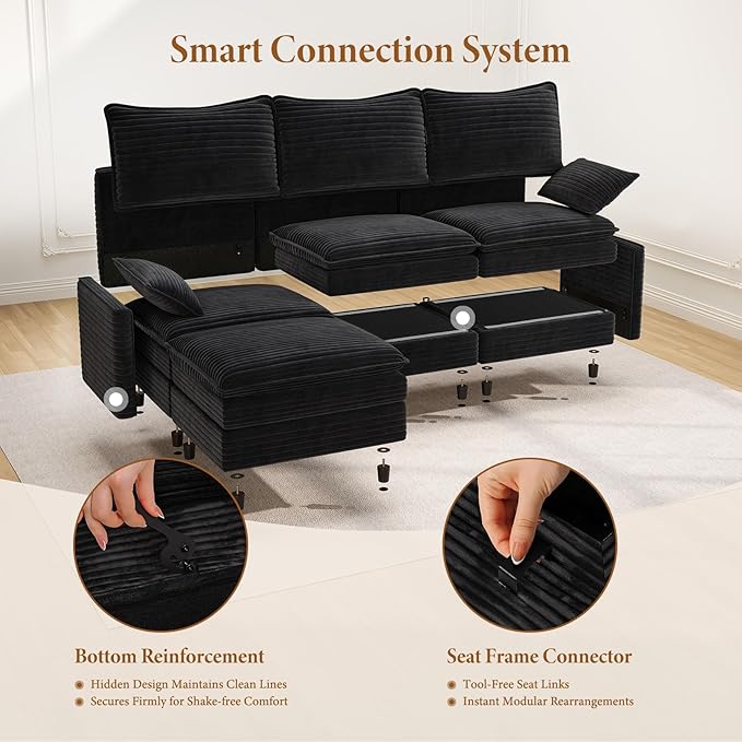 Vesgantti 108" V-Shaped Corner Couch Sectional, 7 Seat Customizable Modular Cloud Couches with Movable Ottoman, Corduroy Deep Seat Sofa Set with Chaise for Living Room, Bedroom and Apartment, Black