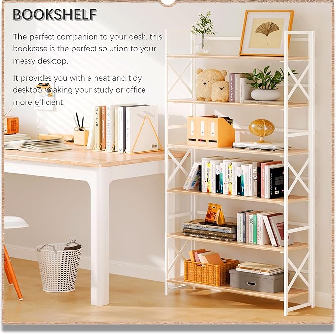 4NM Extra Wide 6 Tiers No Assembly Book Shelves, 61.8" H Folding Bookshelf Bookcase Open Industrial Foldable Shelves for Bedroom, Living Room, Home Office - Natural White