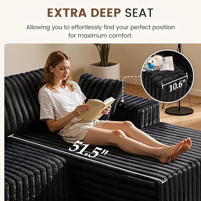 Apicizon 113" Modular Sectional Couch for Living Room, L Shaped Sectional Sofa Couch with Deep Seat, Boneless Sleeper Sofa with Chaise Longue for Apartment，No Assembly Required (Plush Corduroy Black)