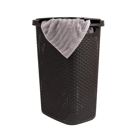 Mind Reader Slim Laundry Hamper with Lid, 60L Clothes Basket, Premium Wicker Design, Plastic, Brown