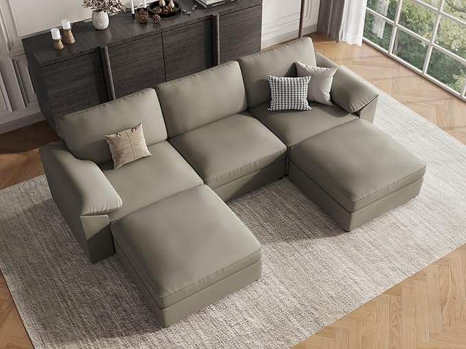 EASE MOOSE Oversized Modular Sofa with Deep Seat,Extra Large Sectional U Shaped Couch for Living Room,Comfy Scratch Resistant Faux Leather Material,Modern Sofas with Ottoman,Light Grey