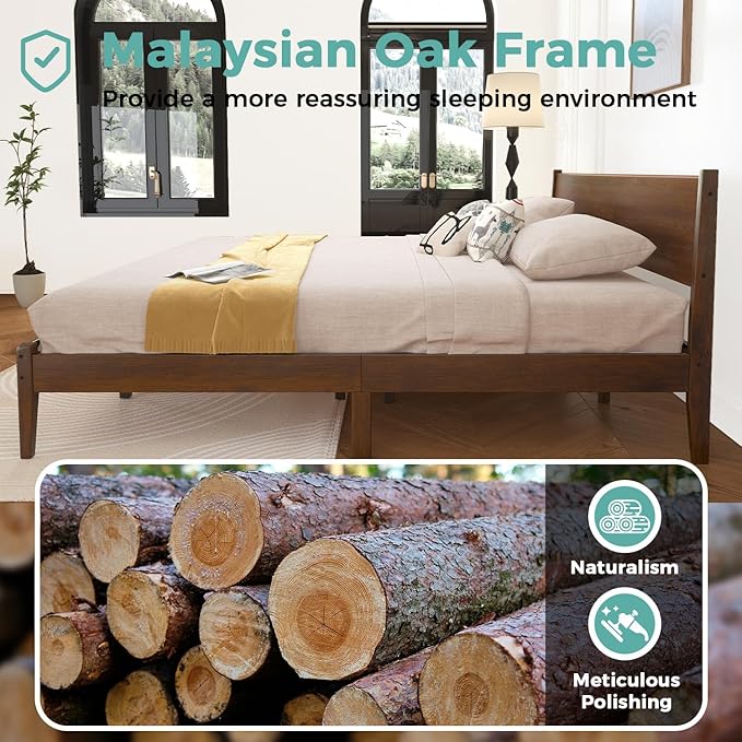 King Bed Frame and Headboard, Mid Century Platform Bed Frame, Malaysian Oak King Bedframe with Adjustable Support Legs, No Box Spring Needed, Easy Assembly, Antique Espresso