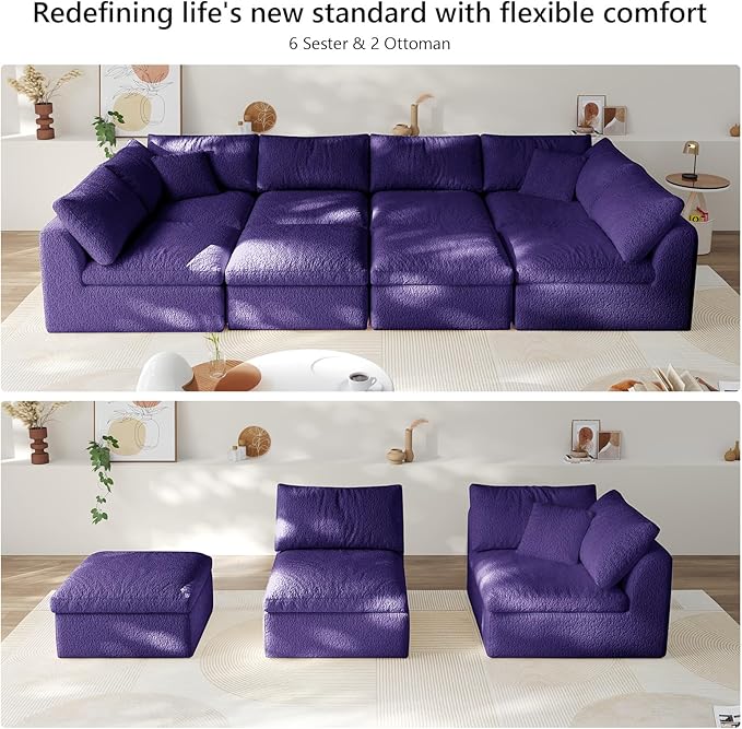 Boneless Cloud Couch Modular Sectional Sofa with Deep Seat for Living Room, L Shape Couch with Ottoman, Snowflake Cloth and 40D Memory Sponge，2 Throw Pillows (Purple, 6 Seater+2 Ottoman)