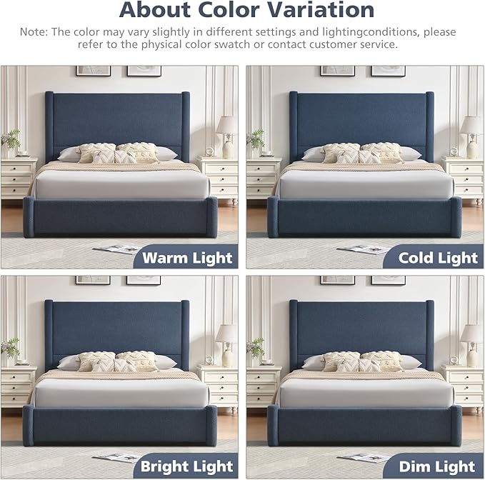 VELOCAVA Queen Size Upholstered Bed Frame with 51.77" Tall Headboard and Soft Rounded Corners, Side Storage Drawers, 12-Slat Support, No Box Spring Needed, Linen-Blend Fabric, Dusty Blue