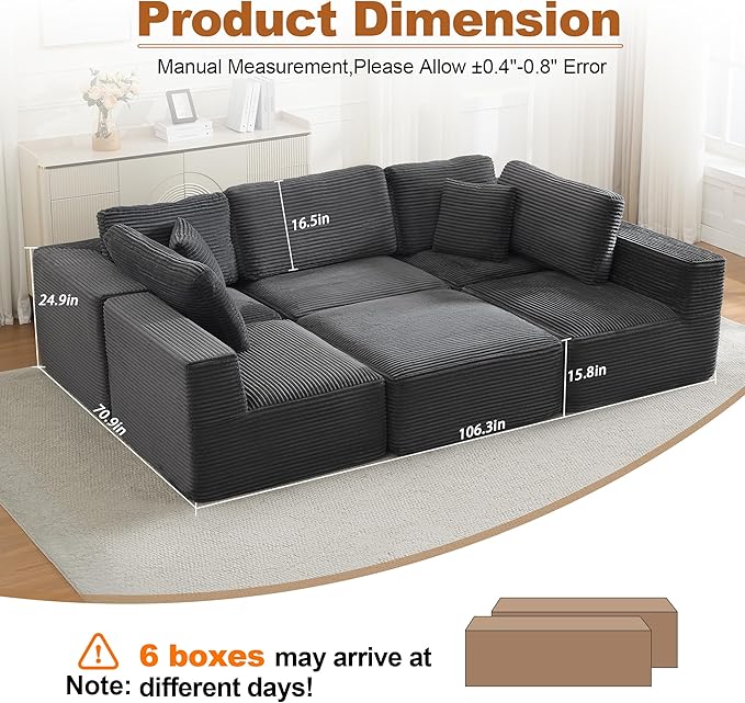 Cloud Modular Sectional Sleeper Sofa,U-Shape Modern Boneless Sectional Couch with Deep Seat,Upholstered Couches for Living Room Bedroom,No Assembly Required,Grey