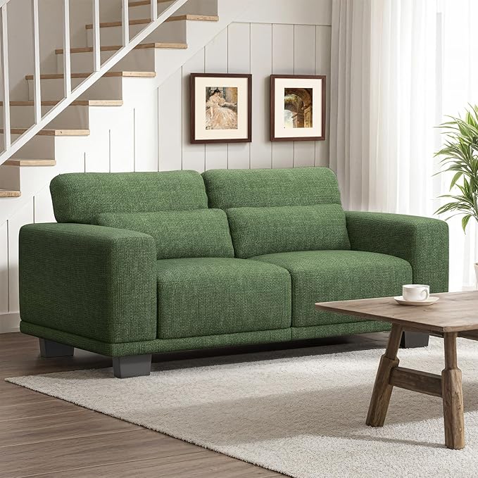 Marsail Modern 65 Inch Linen Fabric Sofa, 2-Seater Couch with Wide Armrests, Deep Cushions & Removable Washable Covers, Comfortable Living Room Furniture, Green