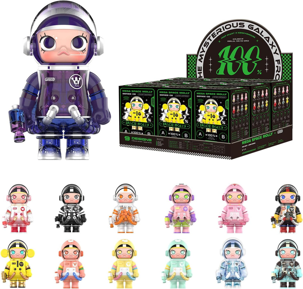 POP MART MEGA Space Molly 100% 2-B Blind Box Figures, Random Design Box Toys for Modern Home Decor, Collectible Toy Set for Desk Accessories, 9PC