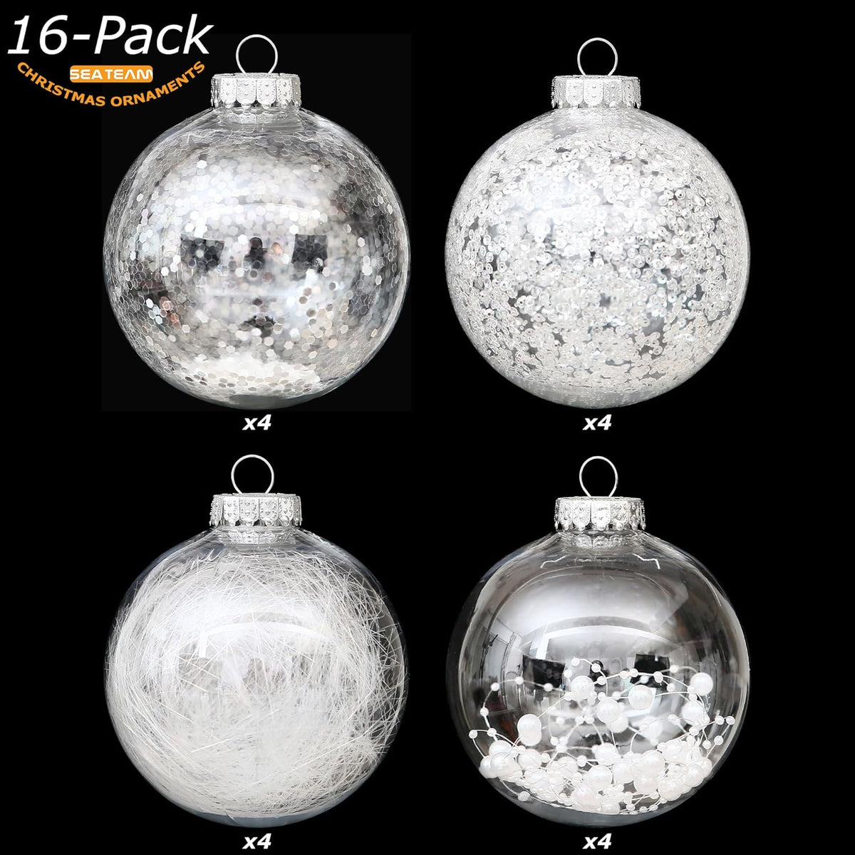 Sea Team Shatterproof Clear Plastic Christmas Ball Ornaments Decorative Xmas Balls Baubles Set with Stuffed Delicate Decorations (100mm/3.94''/16-Pack, White)
