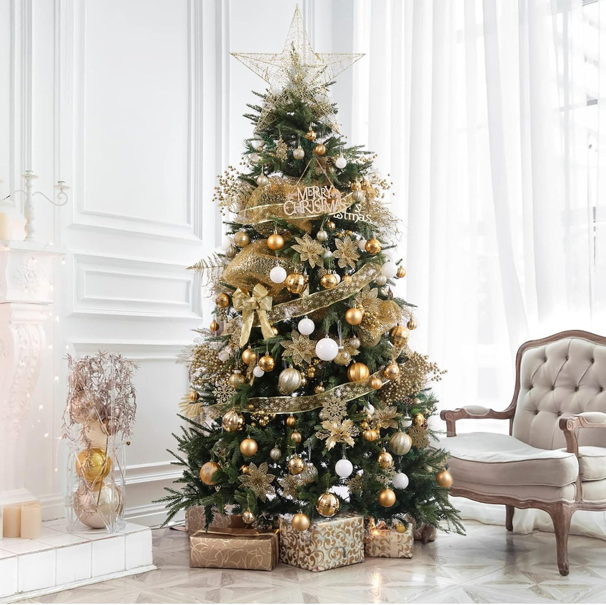 87-Pack Shatterproof Christmas Ball Ornaments Set, Christmas Tree Decorations with Hand-held Gift Package for Xmas Tree Holiday Wedding Party, Gold