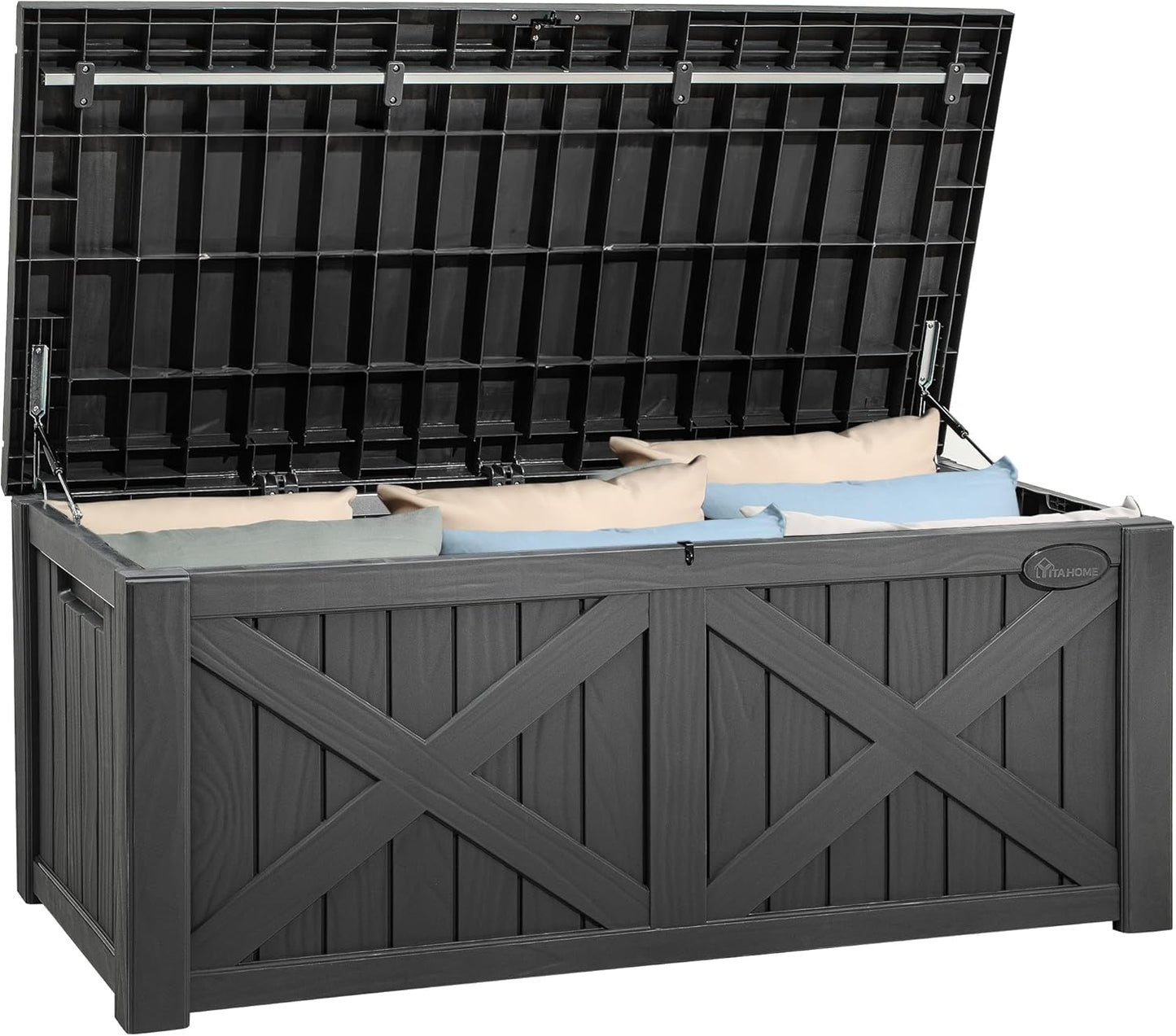 YITAHOME 120 Gallon Large Deck Box with X-Shaped Front, Resin Outdoor Storage Boxes, Waterproof Cushion Storage Bench for Patio, Pool Supplies, Garden Tools - Lockable, Dark Gray