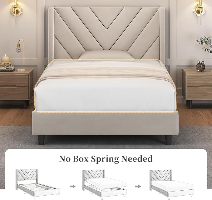 Yaheetech Twin Bed Frame Upholstered Platform Bed with Wing Side/Wooden Slat Support/Tufted Headboard with Wing Side/Mattress Foundation/No Box Spring Needed,Beige Twin Bed