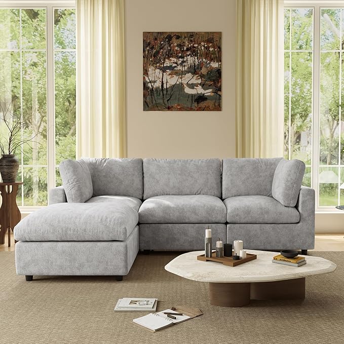 WJShome Modular Sectional Cloud Couch Modern L Shaped Sofa with Ottoman, 100 Inch 3-Seat Chenille Deep Seat Couches for Living Room, Bedroom and Apartment，Gray