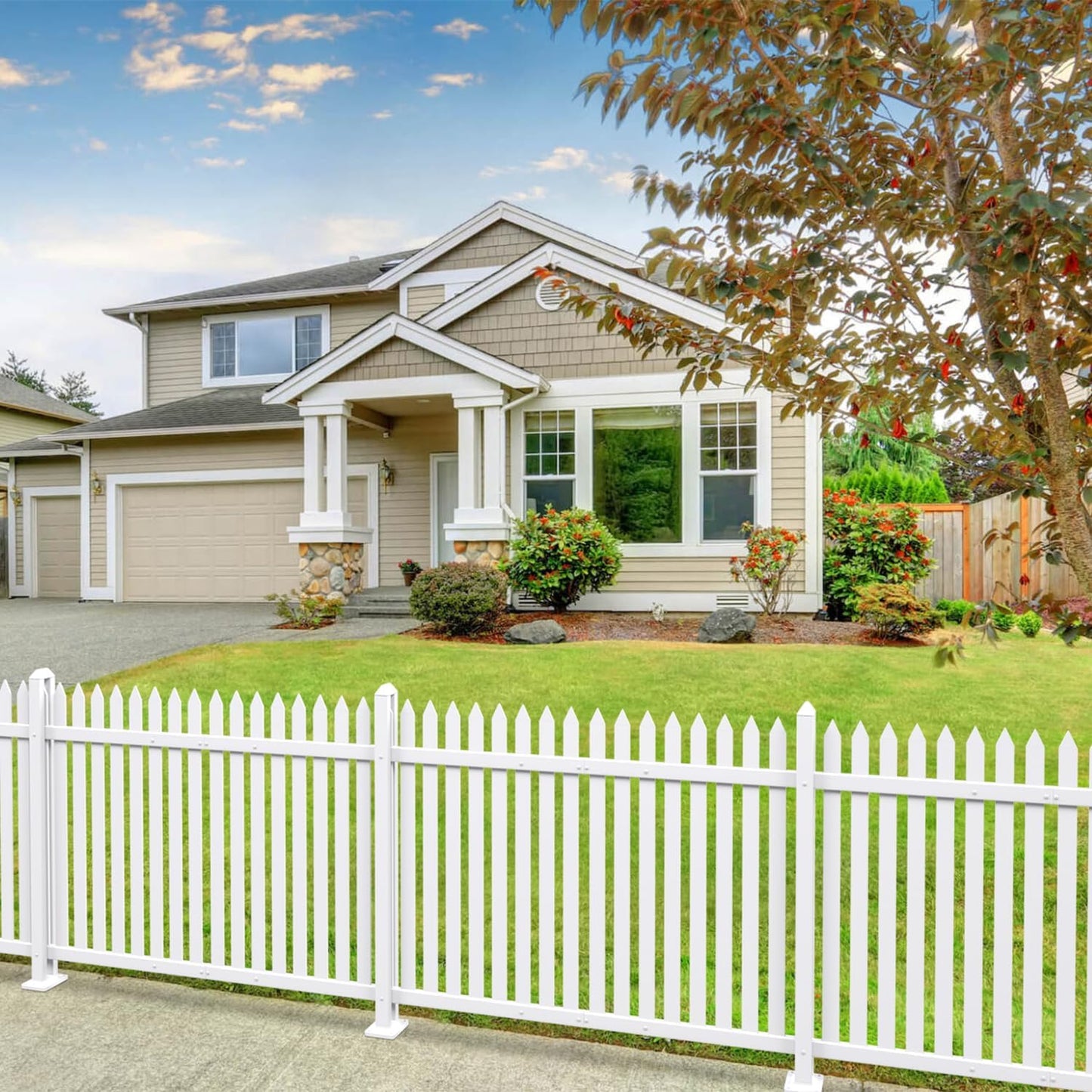 Patio 7 Sets Vinyl Picket Fence Panels 36" H x 84" W White PVC Decorative Fence for Front Yard Porch Patio Deck Pool Air Conditioner Fence Safety Dog Fence (34 Pickets, Straight)