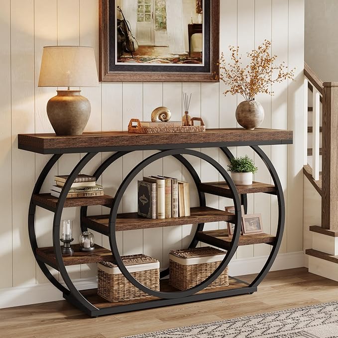 Tribesigns 47" Console Table, 5-Tier Industrial Entryway Table with Metal Frame, Narrow Sofa Table Behind Couch Accent Tables for Living Room, Hallway, Foyer, Rustic Brown