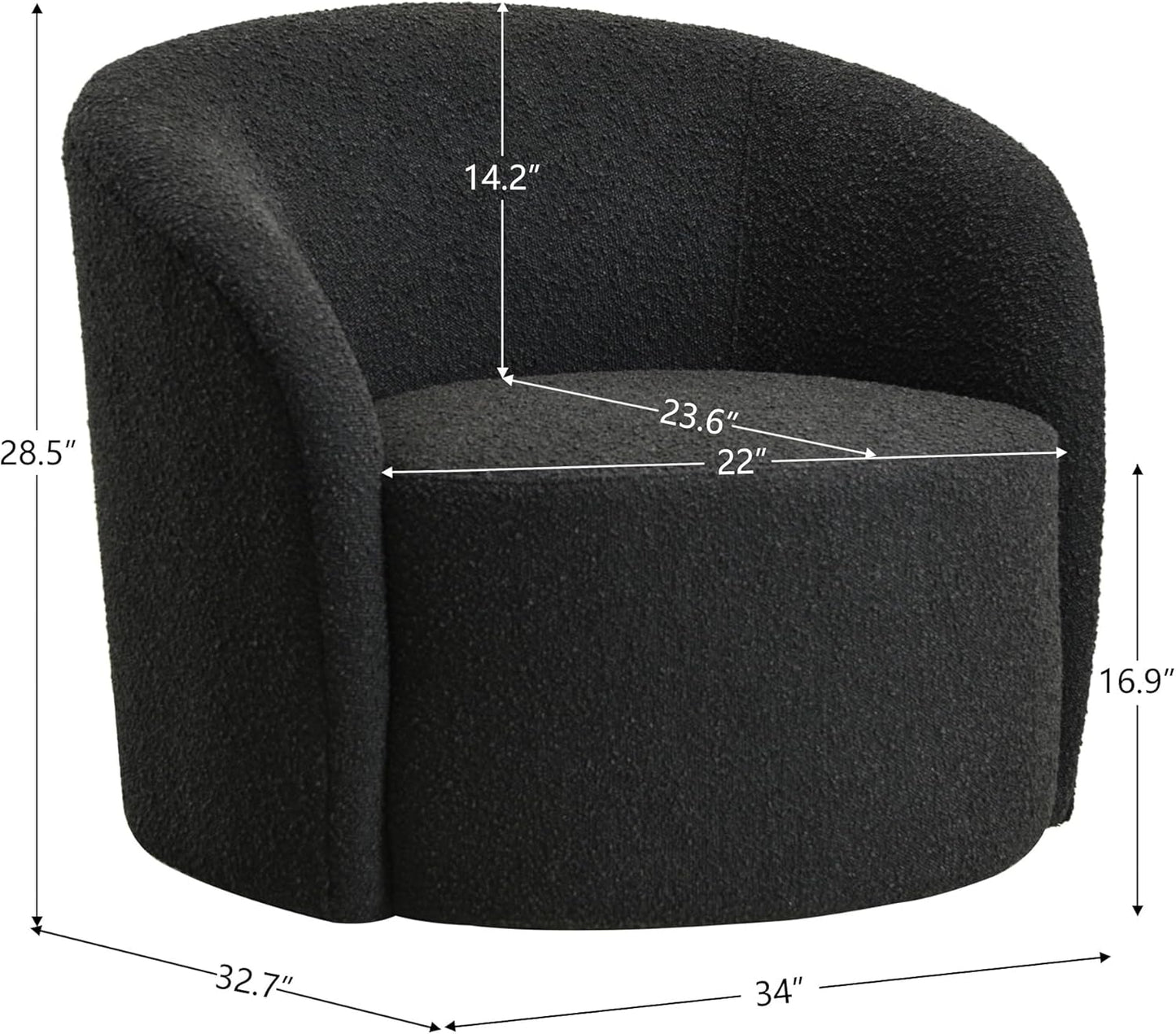KINWELL 34" W Mid Century Modern Swivel Barrel Chair, Round Upholstered Boucle Swivel Accent Chairs, No Assembly Sofa Chair for Living Room Bedroom Reading Apartment Lounge Nursery(Black)