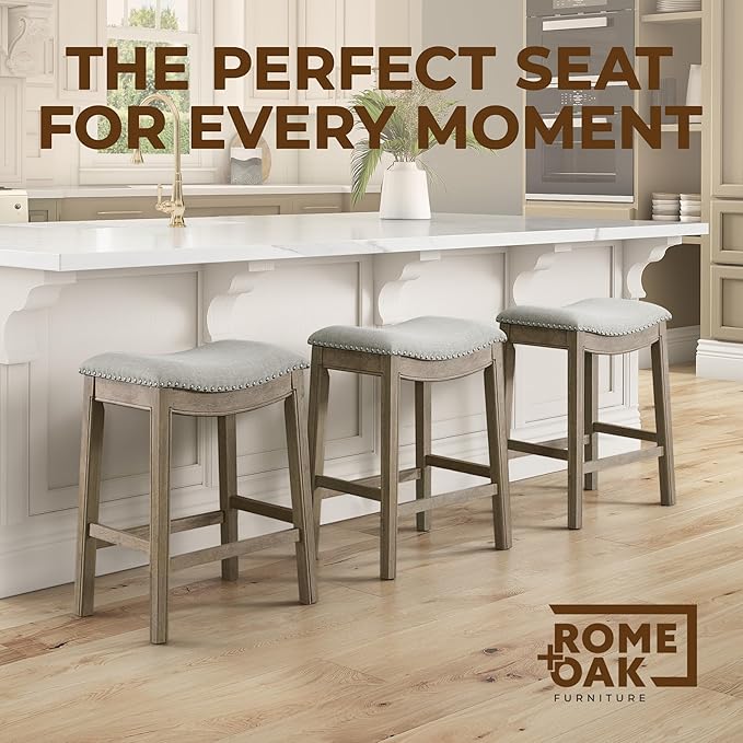ROME + OAK Set of 4 Parker 26" Counter Stool, Backless Saddle Kitchen Barstool in Reclaimed Oak Finish with Ash Grey Fabric Upholstery Cushion Seat