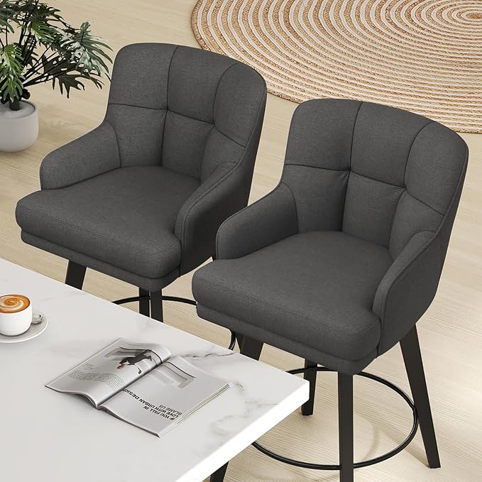 360°Swivel Counter Height Bar Stools with Back, 30 inch Solid Wood Legs, Bar Stool Modern Kitchen Island Chairs, Fabric (Black Grey- Fabric, 30" H- Set of 3)