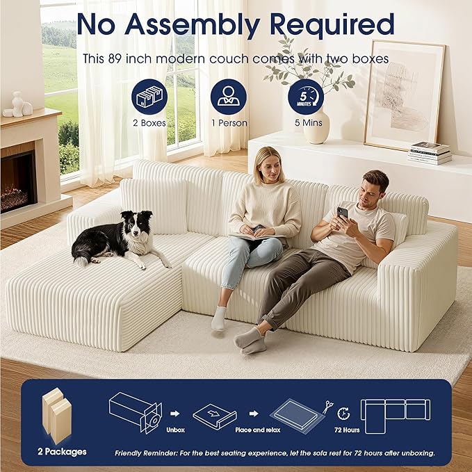 KINGYES 107'' Modular Sectional Sofa, L Shaped Cloud Couch for Living Room, Modern Plush Corduroy Boneless Sofa with Chaise for Bedroom, Beige