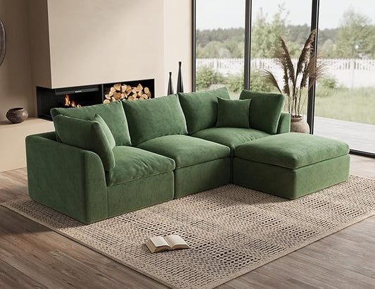 110" Cloud Sectional Couches for Living Room, Boneless L-Shape Couch with Ottoman, 3 Seater Modular Sectional Sofa, Green