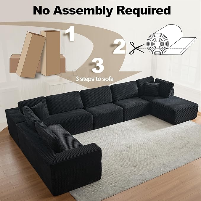 Modular Sectional Cloud Couch for Living Room,Modern Boneless Couche Set with Plush Corduroy,Comfy Floor Sofa with Memory Foam,Stupendous U Shaped Sofa with Chaise,No Assembly Required,Black